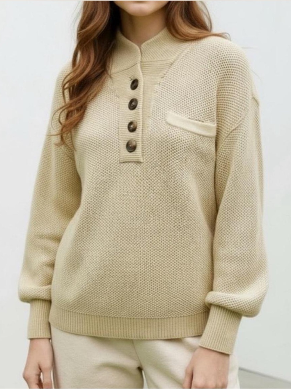 LUNYA Cozy Cottonsilk Pocket Henley Sweater Pullover Soft Green US M